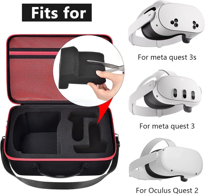 Comecase Hard Carrying Case for Meta Quest 3S/ 3/ for Oculus Quest 2 Official Original/Elite Strap VR Headset and Controller Accessories,Portable Travel Storage Bag for Home, Outdoor - Red Zipper - Image 2